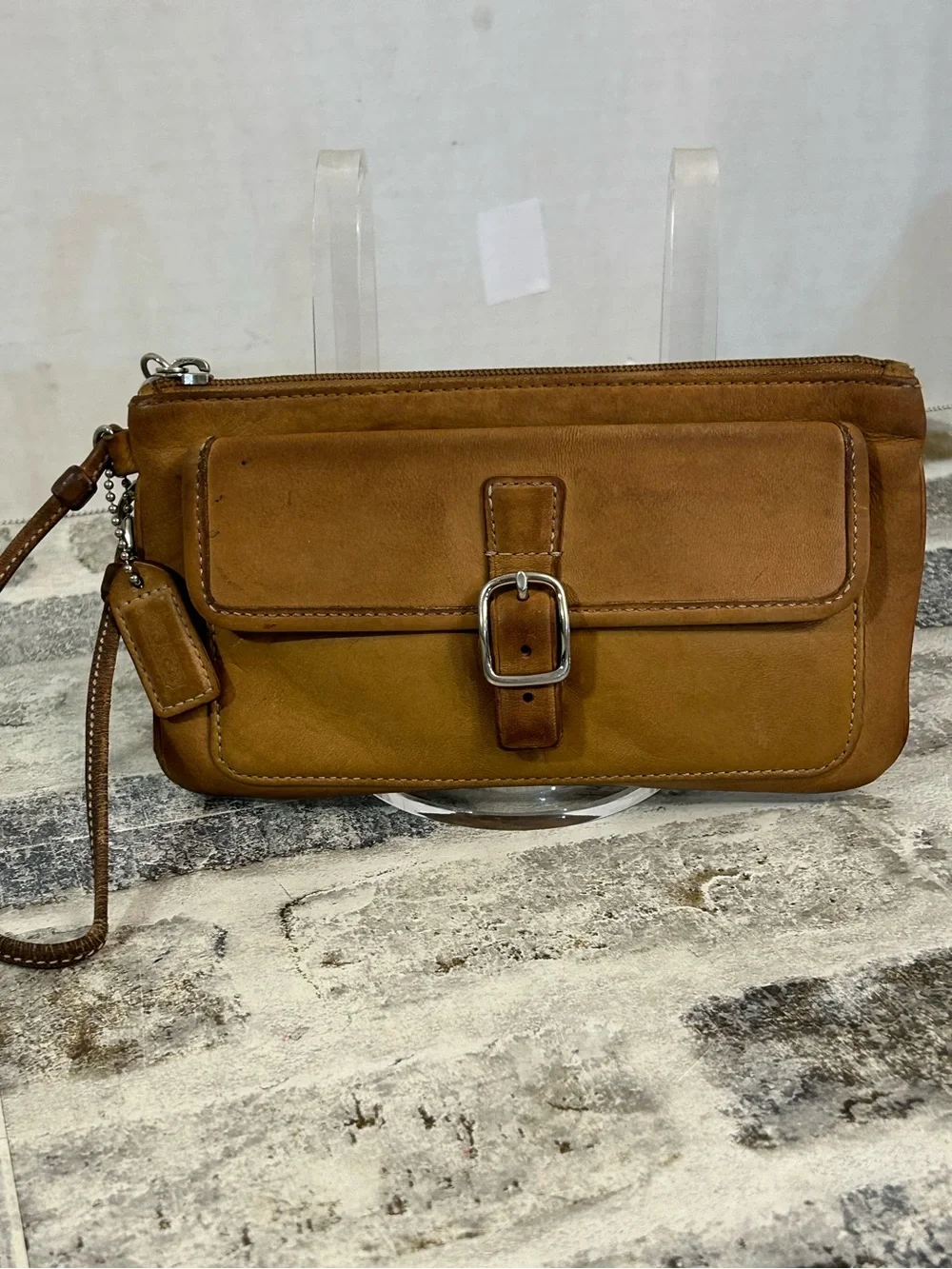 Coach Tan Leather Wristlet Clutch with Buckle Detail